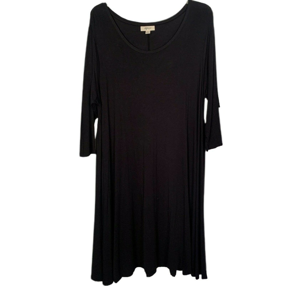 Women's Style & Co. Size 0X Black Shift Dress Deep Black 3/4 Sleeve Stretch Midi